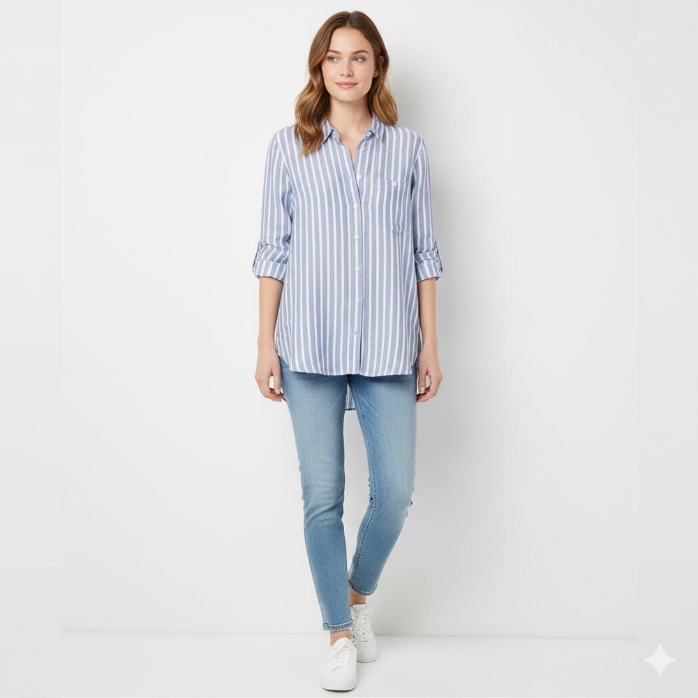 J. Crew Men's Blue and White Striped Casual Shirt